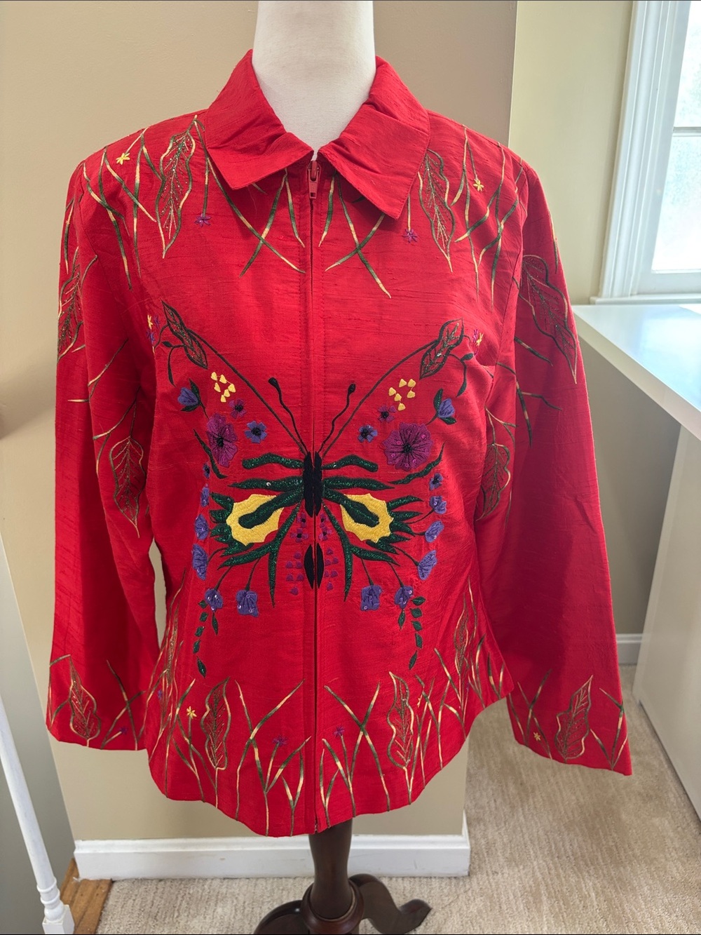NWT Blutique Red Silk Butterfly Zip-Front Women’s Jacket Size M